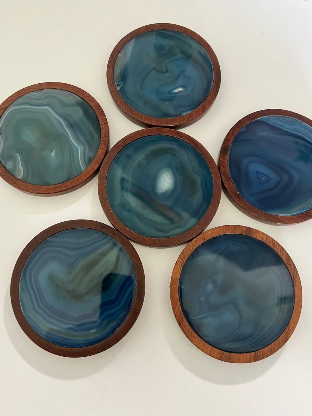 Vintage Brazilian Rosewood and blue agate slice coaster set of six with caddy.